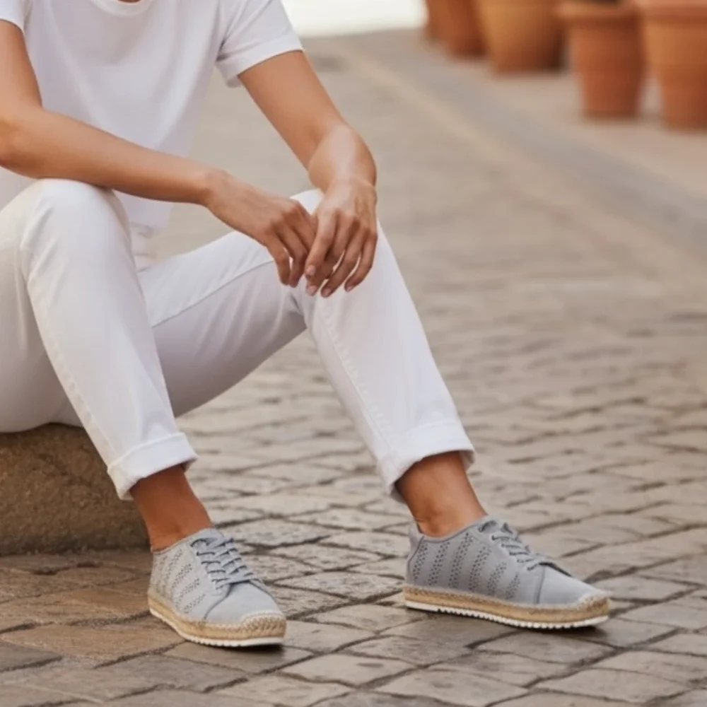 New Marc Fisher Baila Perforated Lace-Up Espadrille Sneakers Grey Size 8
